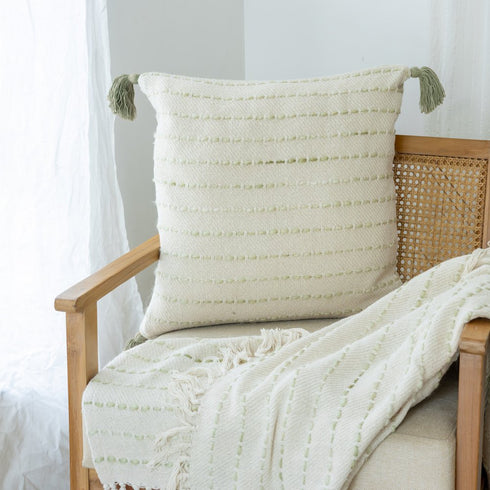 20" Green And Ivory Striped Cotton Blend Throw Pillow Cover with Tassels Embroidery And Texture