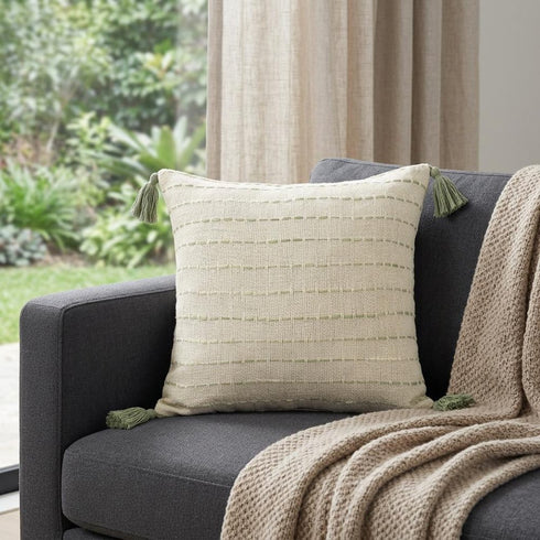 20" Green And Ivory Striped Cotton Blend Throw Pillow Cover with Tassels Embroidery And Texture