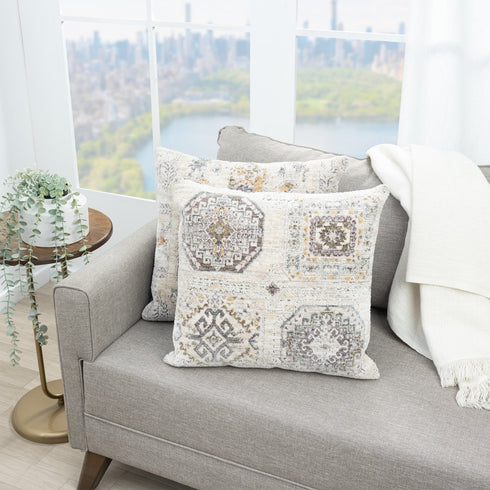 20" Light Gray And Ivory Medallion Throw Pillow Cover