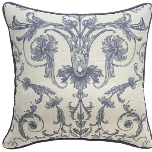 20" Ivory And Blue Damask Throw Pillow Cover