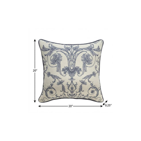20" Ivory And Blue Damask Throw Pillow Cover