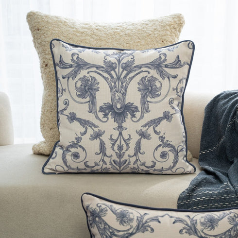 20" Ivory And Blue Damask Throw Pillow Cover