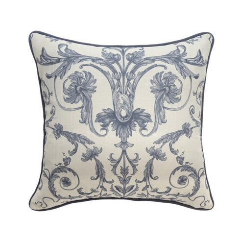 20" Ivory And Blue Damask Throw Pillow Cover
