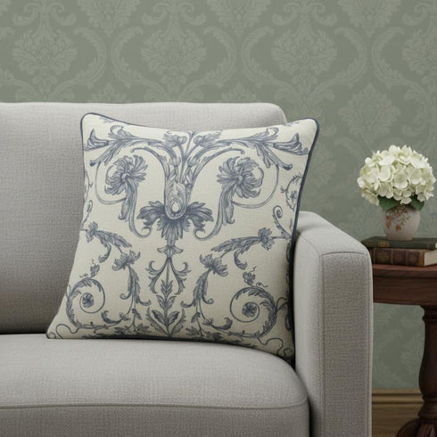 20" Ivory And Blue Damask Throw Pillow Cover