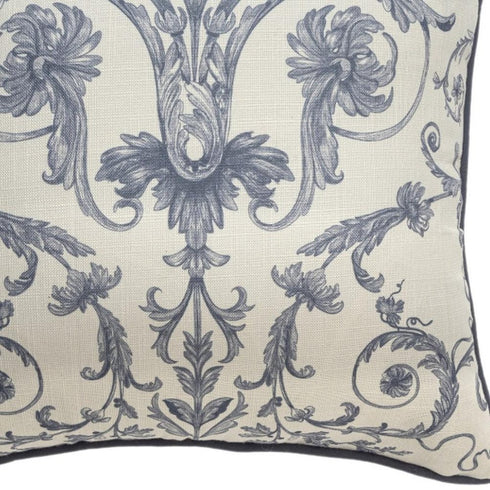20" Ivory And Blue Damask Throw Pillow Cover