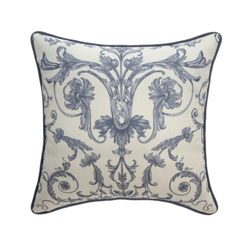20" Ivory And Blue Damask Throw Pillow Cover