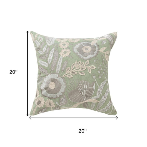 20" Green And Ivory Floral Cotton Throw Pillow Cover
