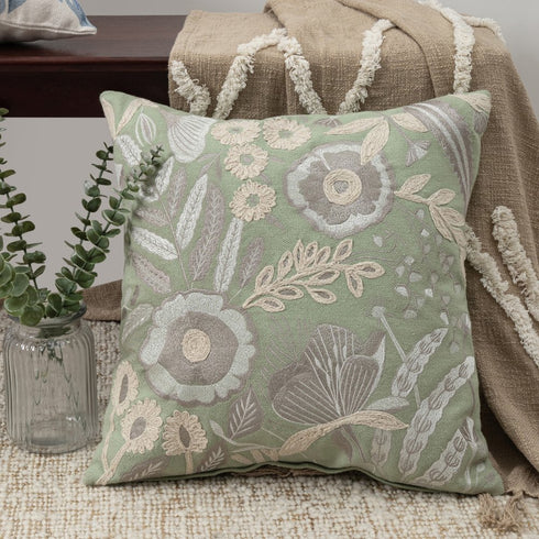 20" Green And Ivory Floral Cotton Throw Pillow Cover