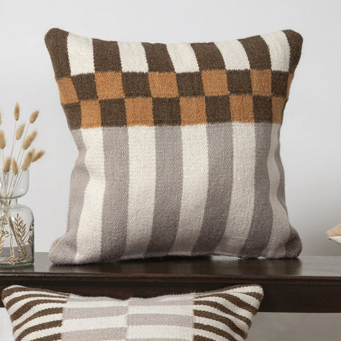 24" Brown Gray And Off White Geometric Wool Blend Throw Pillow Cover
