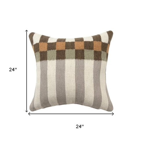 24" Brown Gray And Off White Geometric Wool Blend Throw Pillow Cover