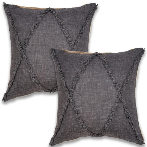 Set of Two 20" Gray And Ash Gray Diamond Cotton Throw Pillow Covers with Tufts And Texture