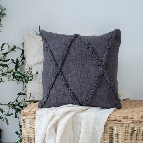 Set of Two 20" Gray And Ash Gray Diamond Cotton Throw Pillow Covers with Tufts And Texture