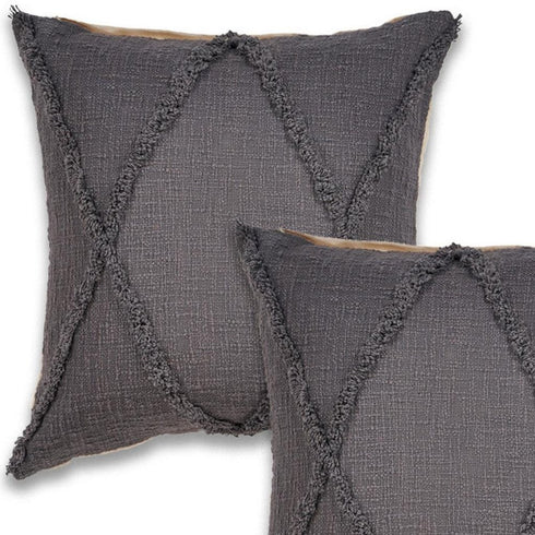 Set of Two 20" Gray And Ash Gray Diamond Cotton Throw Pillow Covers with Tufts And Texture