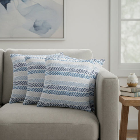 Set of Four 18" Blue And Beige Chevron Cotton Throw Pillow Covers