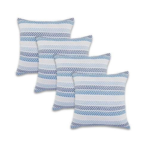 Set of Four 18" Blue And Beige Chevron Cotton Throw Pillow Covers
