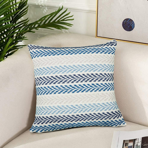 Set of Four 18" Blue And Beige Chevron Cotton Throw Pillow Covers