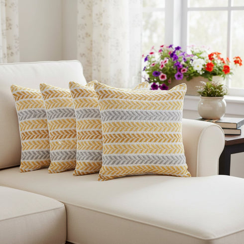 Set of Four 18" Yellow And White Chevron Cotton Throw Pillow Covers