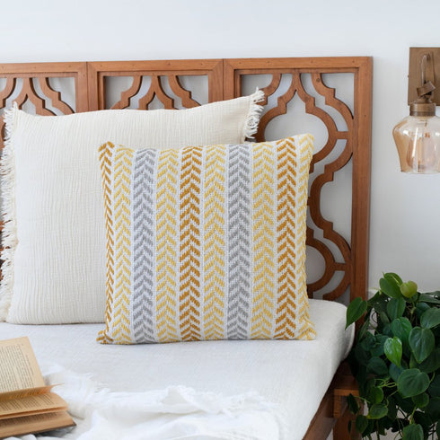 Set of Four 18" Yellow And White Chevron Cotton Throw Pillow Covers