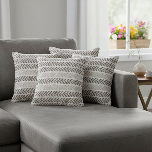 Set of Four 18" Gray And Beige Chevron Cotton Throw Pillow Covers