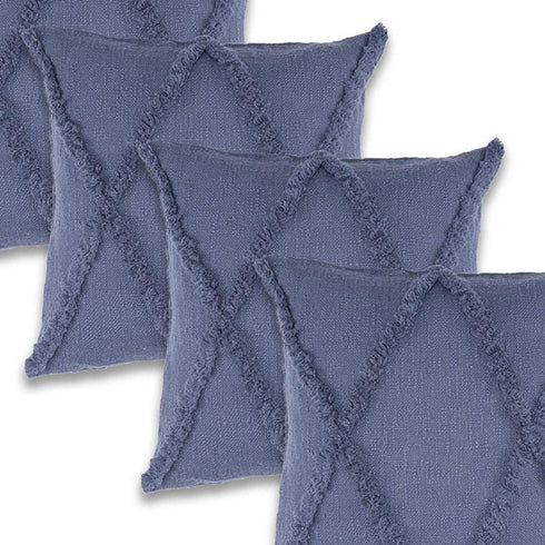 Set of Four 18" Denim Blue Diamond Cotton Throw Pillow Covers with Tufts