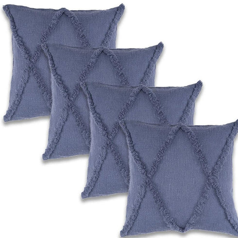 Set of Four 18" Denim Blue Diamond Cotton Throw Pillow Covers with Tufts