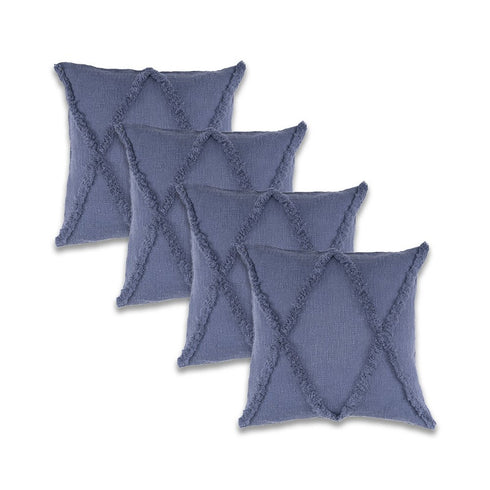 Set of Four 18" Denim Blue Diamond Cotton Throw Pillow Covers with Tufts