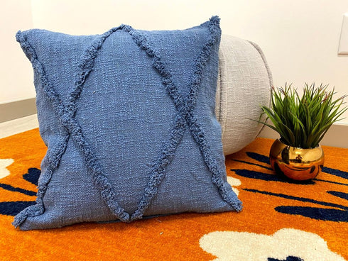 Set of Four 18" Denim Blue Diamond Cotton Throw Pillow Covers with Tufts