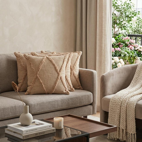 Set of Four 18" Tan Diamond Cotton Throw Pillow Covers with Tufts