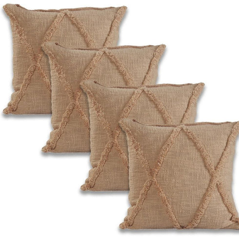 Set of Four 18" Tan Diamond Cotton Throw Pillow Covers with Tufts