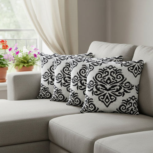 Set of Four 20" White And Black Damask Cotton Blend Throw Pillow Covers