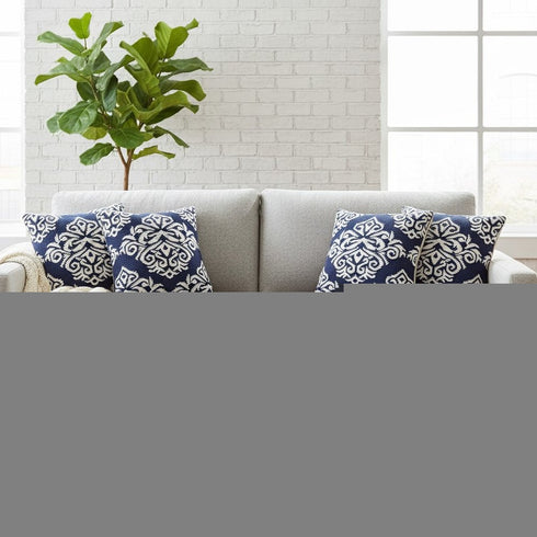 Set of Four 20" Blue And White Damask Cotton Blend Throw Pillow Covers