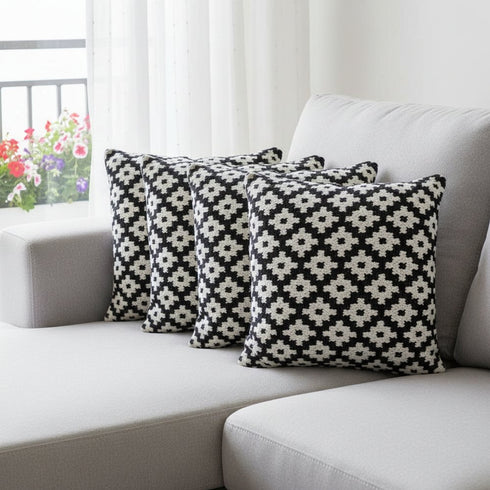 Set of Four 20" Black And White Geometric Cotton Blend Throw Pillow Covers