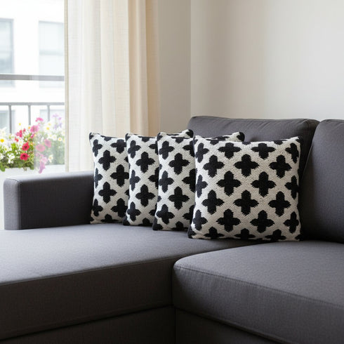 Set of Four 20" White And Black Geometric Cotton Blend Throw Pillow Covers