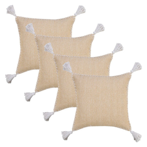 Set of Four 20" X 20" Tan And White Lumbar Geometric Cotton Throw Pillow Covers with Tassels