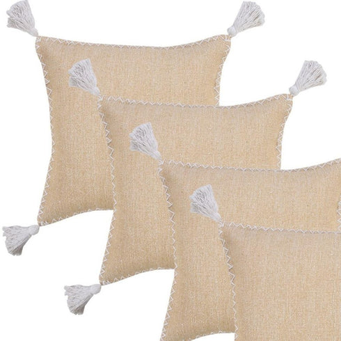 Set of Four 20" X 20" Tan And White Lumbar Geometric Cotton Throw Pillow Covers with Tassels