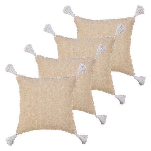 Set of Four 20" X 20" Tan And White Lumbar Geometric Cotton Throw Pillow Covers with Tassels