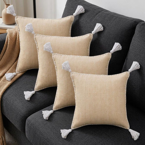 Set of Four 20" X 20" Tan And White Lumbar Geometric Cotton Throw Pillow Covers with Tassels