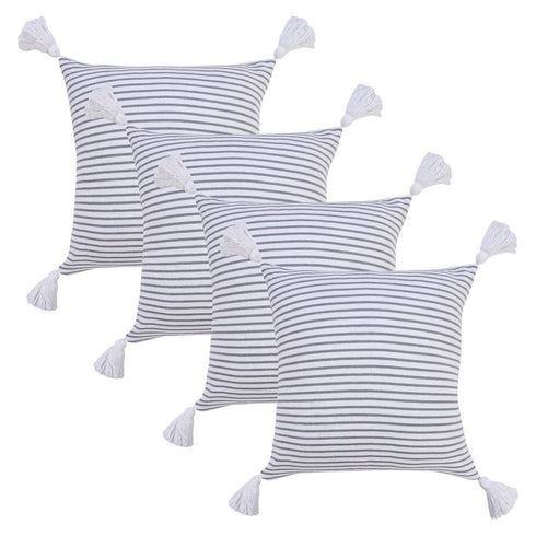 Set of Four 20" X 20" Gray And White Lumbar Striped Cotton Throw Pillow Covers with Tassels