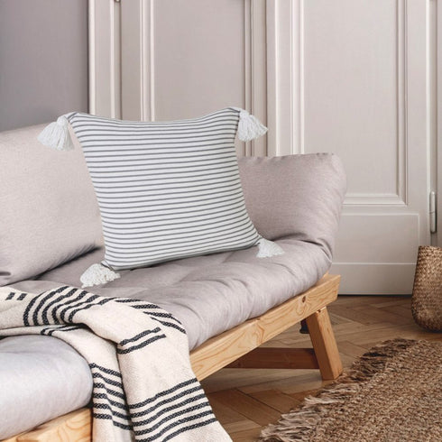 Set of Four 20" X 20" Gray And White Lumbar Striped Cotton Throw Pillow Covers with Tassels