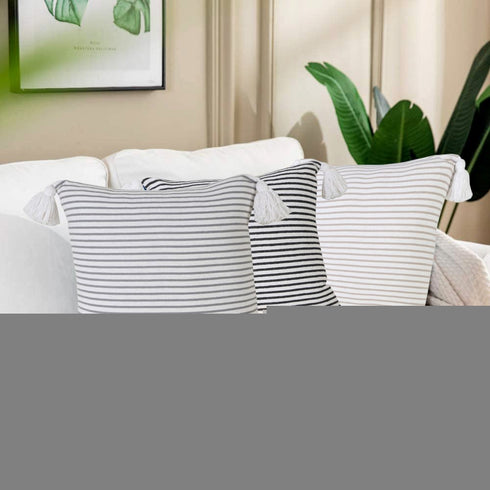 Set of Four 20" X 20" Gray And White Lumbar Striped Cotton Throw Pillow Covers with Tassels