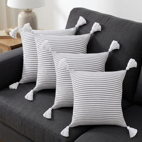 Set of Four 20" X 20" Gray And White Lumbar Striped Cotton Throw Pillow Covers with Tassels