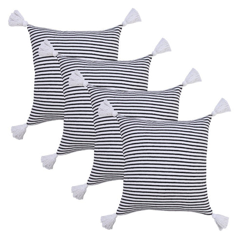 Set of Four 20" X 20" Black And White Lumbar Striped Cotton Throw Pillow Covers with Tassels