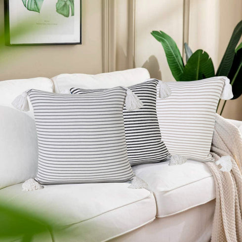 Set of Four 20" X 20" Black And White Lumbar Striped Cotton Throw Pillow Covers with Tassels