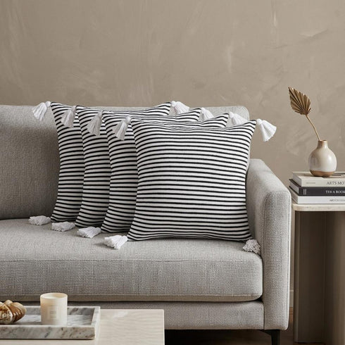 Set of Four 20" X 20" Black And White Lumbar Striped Cotton Throw Pillow Covers with Tassels