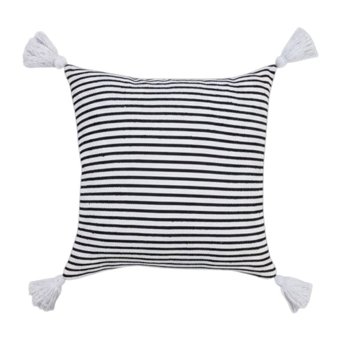 Set of Four 20" X 20" Black And White Lumbar Striped Cotton Throw Pillow Covers with Tassels