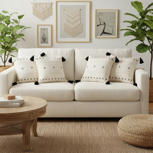 Set of Four 20" X 20" Off White And Black Lumbar Geometric Cotton Throw Pillow Covers with Tassels
