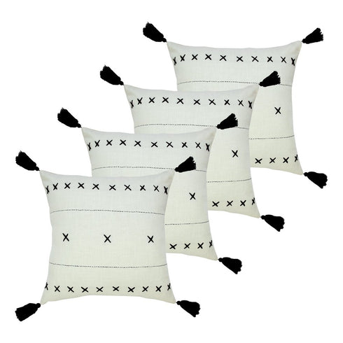 Set of Four 20" X 20" Off White And Black Lumbar Geometric Cotton Throw Pillow Covers with Tassels