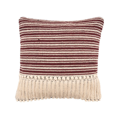 20" Red And Black Striped Cotton Throw Pillow Cover with Fringe And Texture