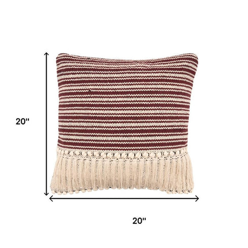 20" Red And Black Striped Cotton Throw Pillow Cover with Fringe And Texture