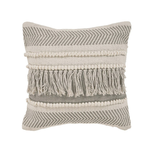 20" Ivory And Gray Striped Cotton Throw Pillow Cover with Fringe And Texture